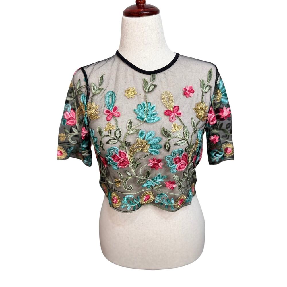 Rebellion embroidered sheer mesh crop top black floral velvet trim Sz M NWT